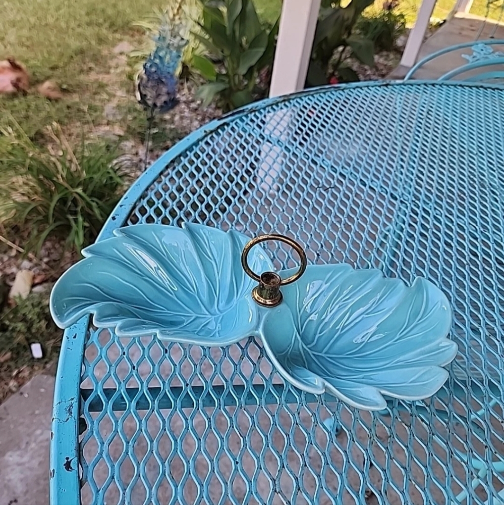 Turquoise Divided 2 Leaf Dish. USA pottery